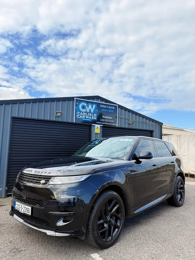 Black Range Rover Sport with a deep gloss finish after an exterior detail